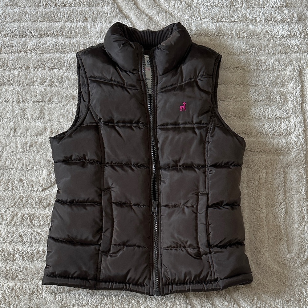 Old Navy Brown Quilted Puffer Vest with Pink Deer Logo Size Medium